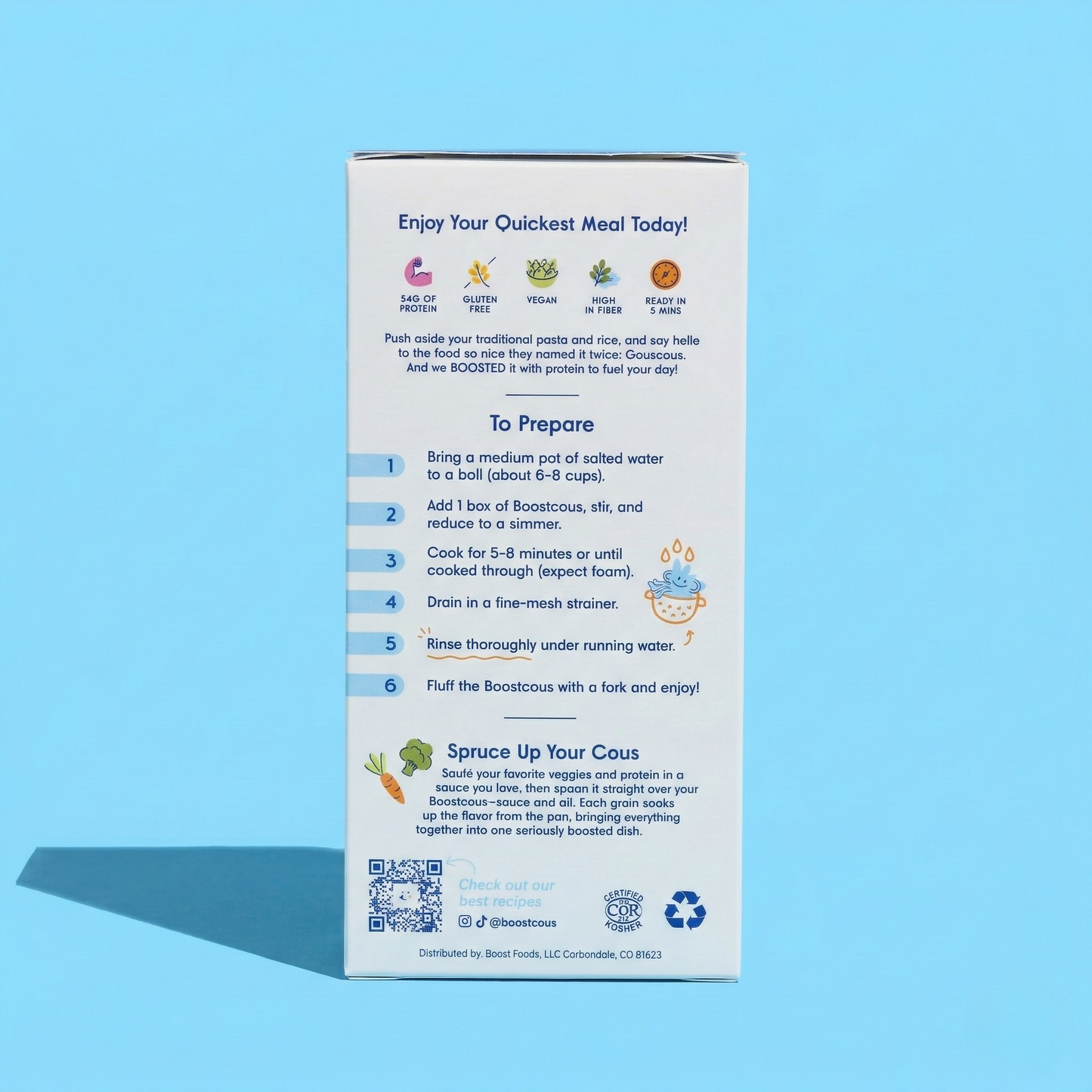Boostcous packaging with preparation instructions on a blue background. It's also Kosher certified through COR