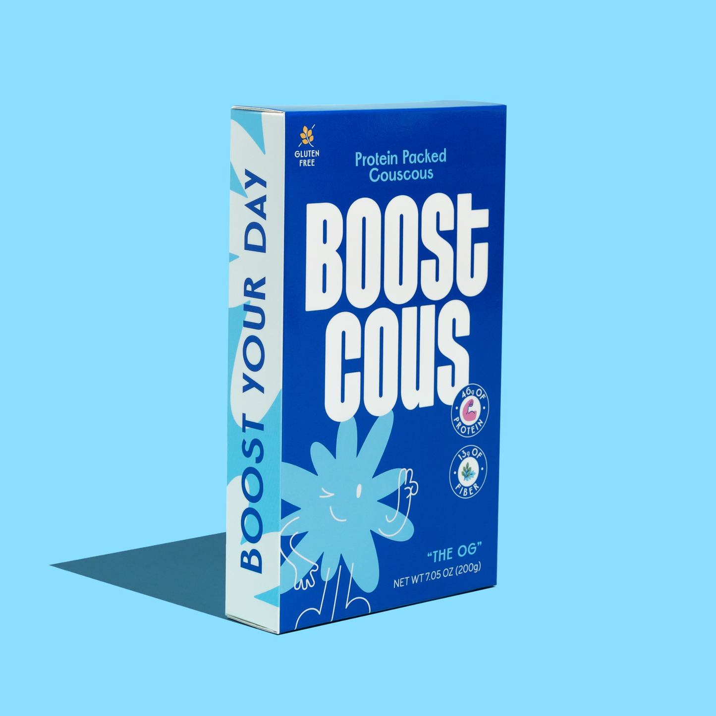 Box of Boostcous protein packed couscous on a blue background