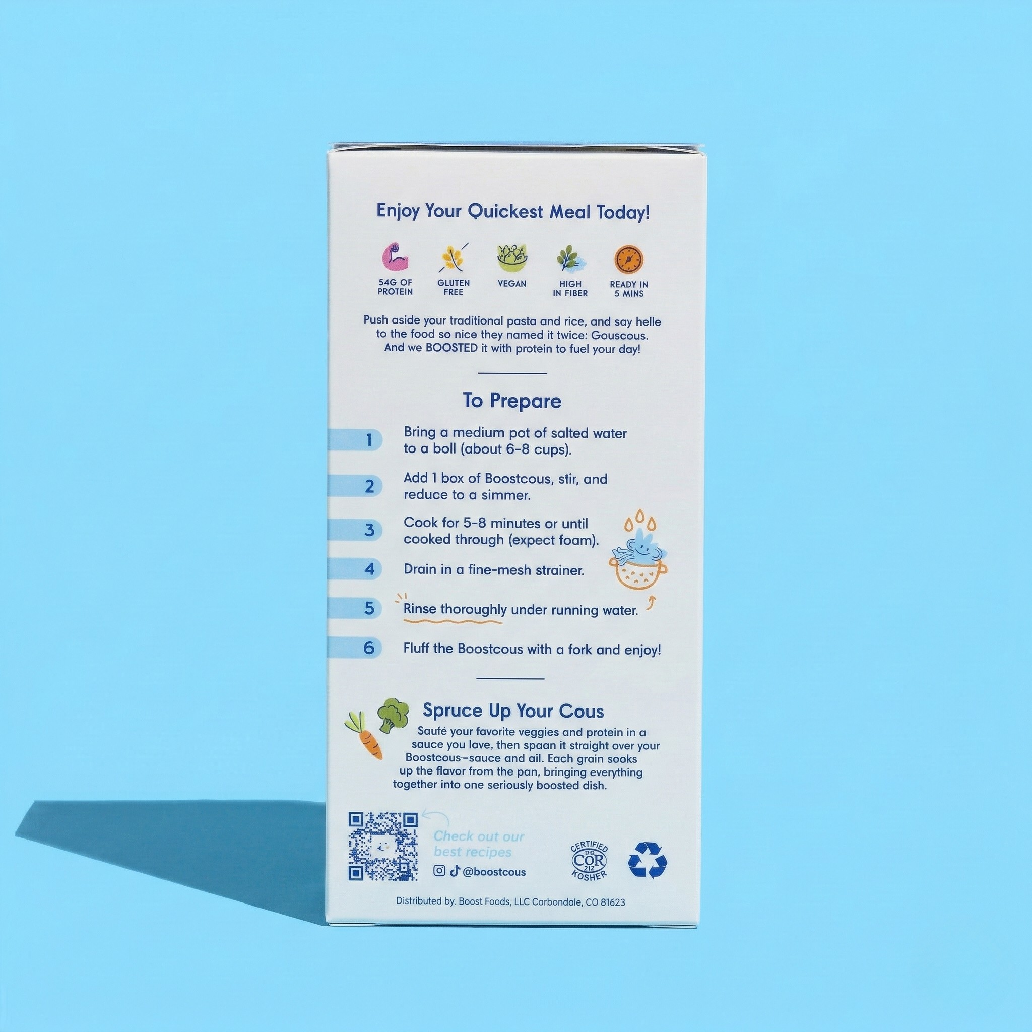 Boostcous packaging with preparation instructions on a blue background.  It's also Kosher certified through COR