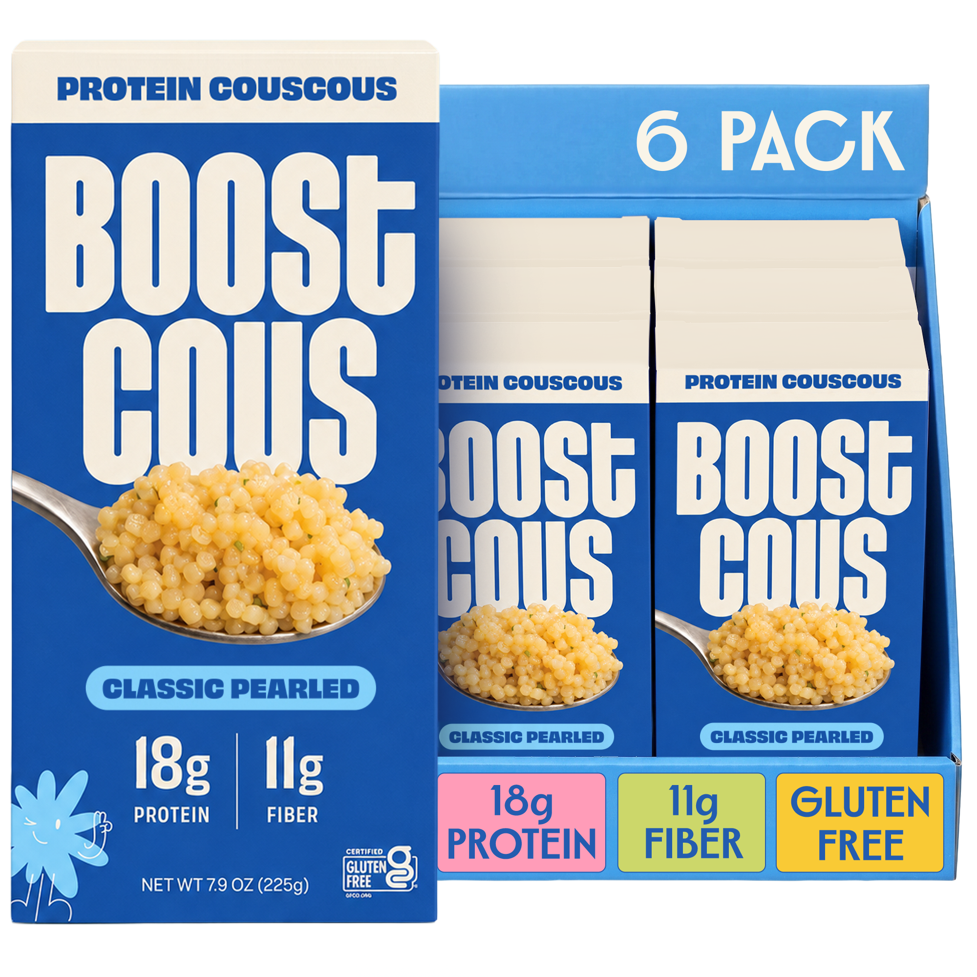 Boostcous Protein Couscous Classic Pearled box next to a 6-pack case. 18g protein, 11g fiber, gluten free.