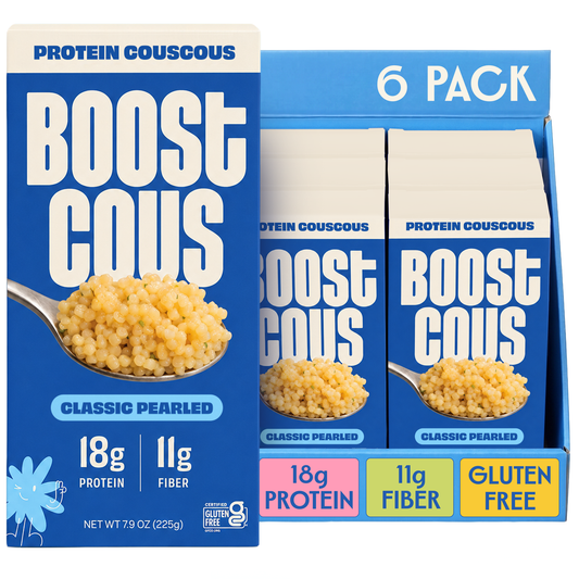 Boostcous Protein Couscous Classic Pearled box next to a 6-pack case. 18g protein, 11g fiber, gluten free.