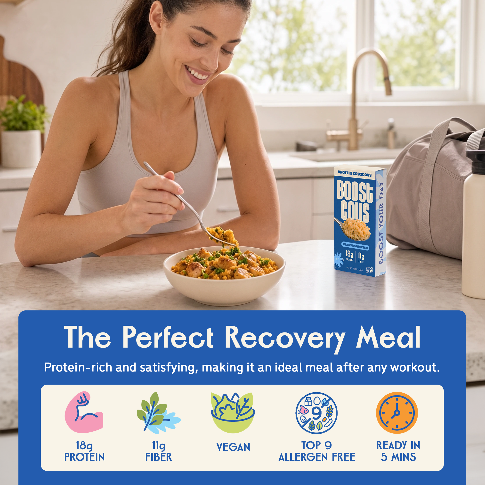 Woman eating a Boostcous bowl in her kitchen. The perfect recovery meal: 18g protein, 11g fiber, vegan, top 9 allergen free, ready in 5 minutes.