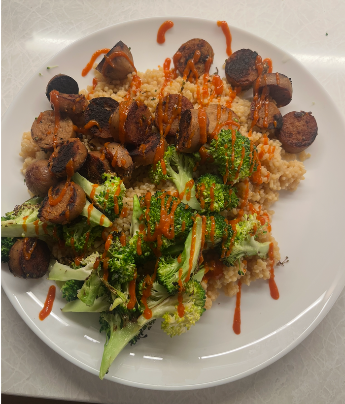 Field Roast sausage with a hit of sriracha