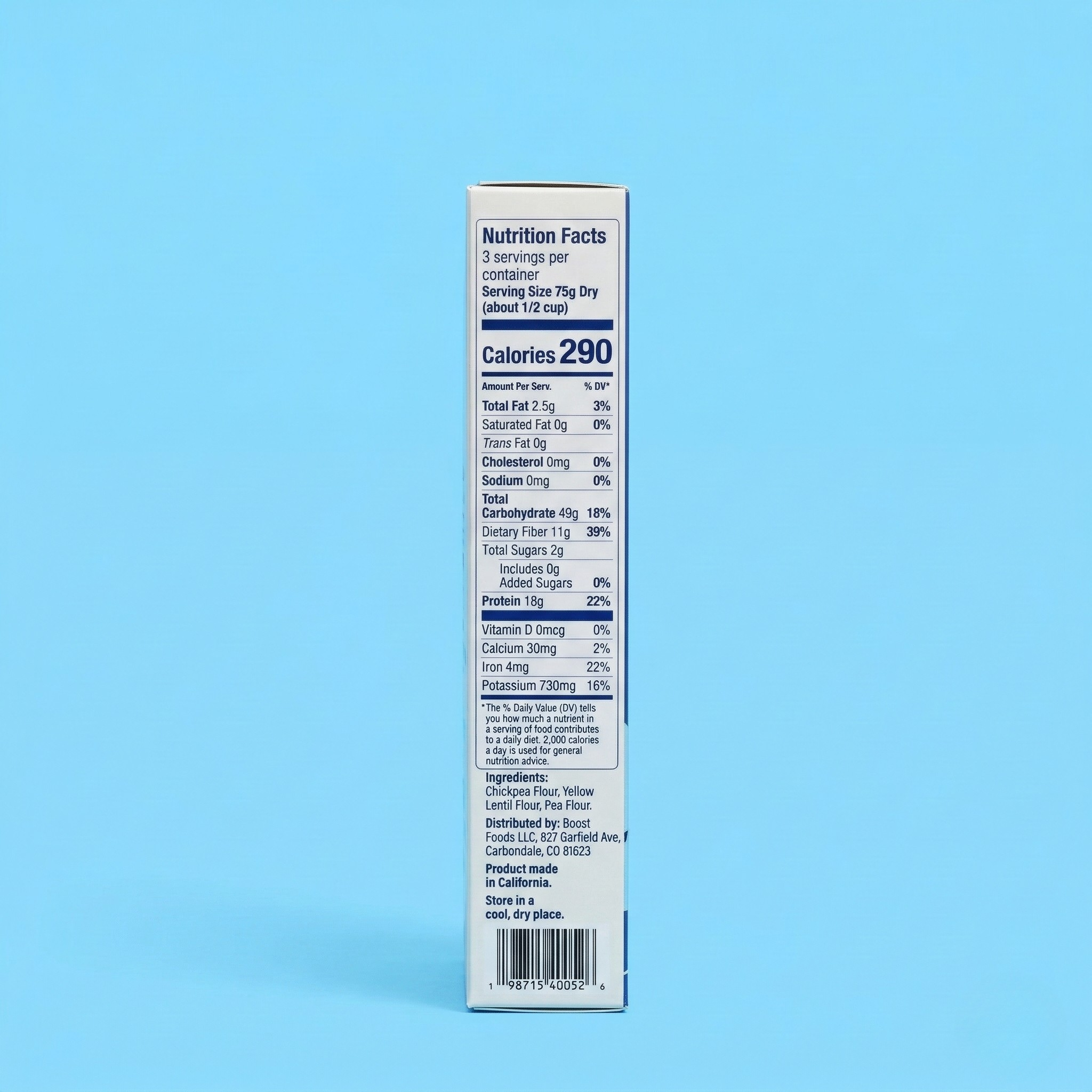 Nutrition facts label for Boostcous on a blue background.  18g of protein and 11g of fiber per serving 