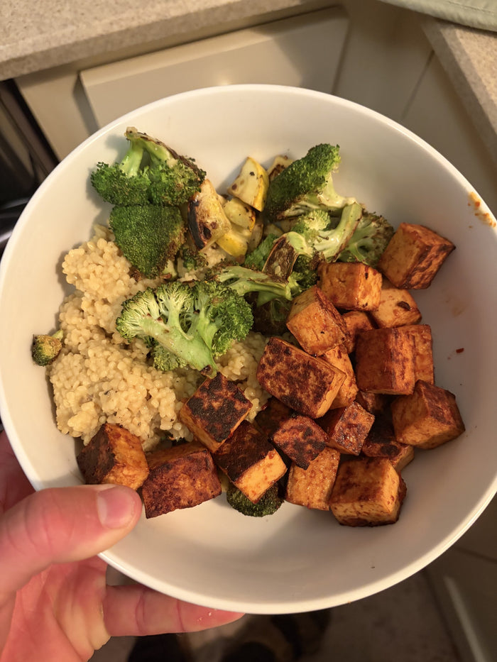 Roasted broccoli and summer squash with yum-yum