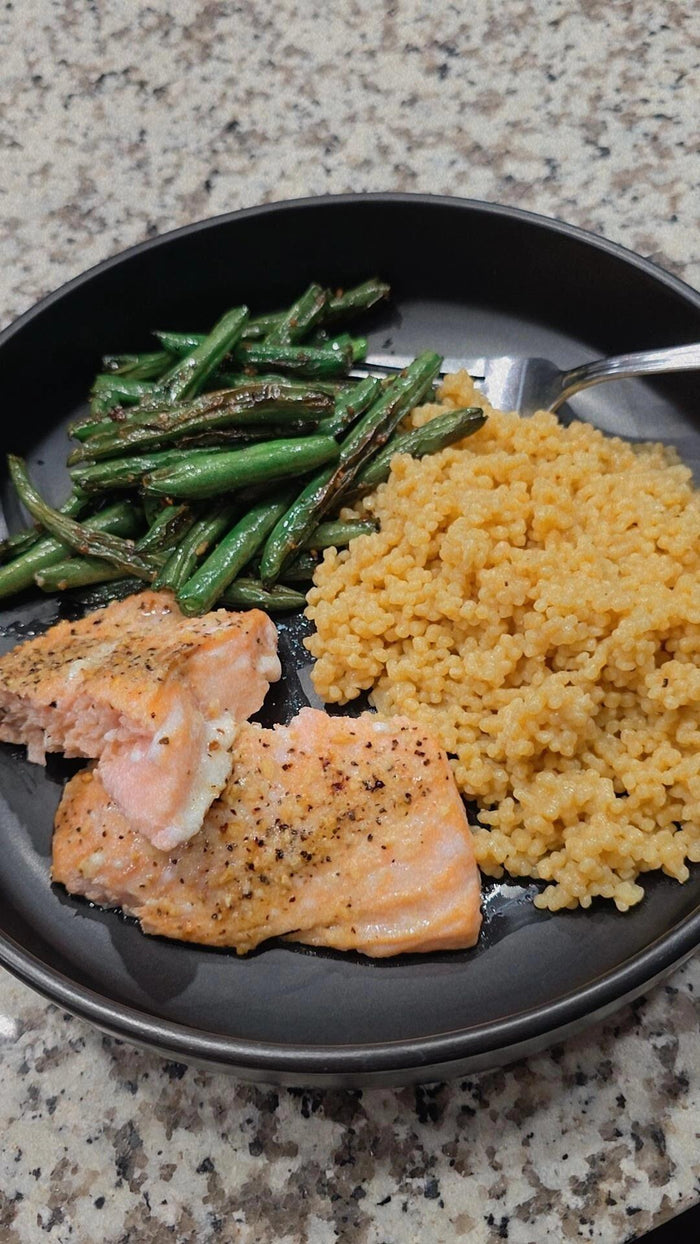 Garlic butter couscous with salmon